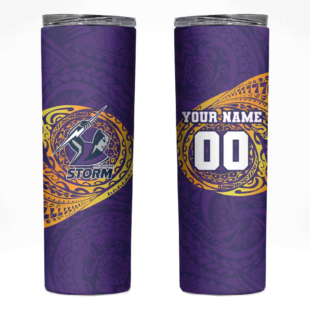 Personalized Melbourne Storm Skinny Tumbler Polynesian Tribal Chest and Sleeve Tattoo