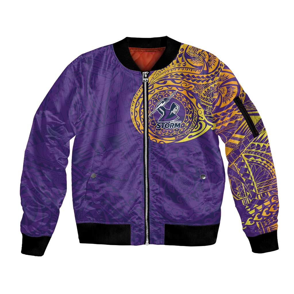 Personalized Melbourne Storm Sleeve Zip Bomber Jacket Polynesian Tribal Chest and Sleeve Tattoo