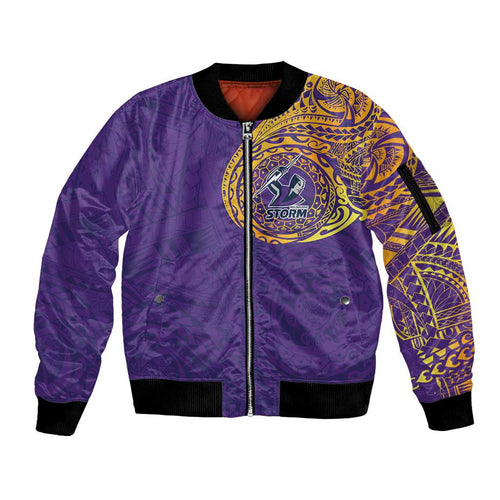 Personalized Melbourne Storm Sleeve Zip Bomber Jacket Polynesian Tribal Chest and Sleeve Tattoo