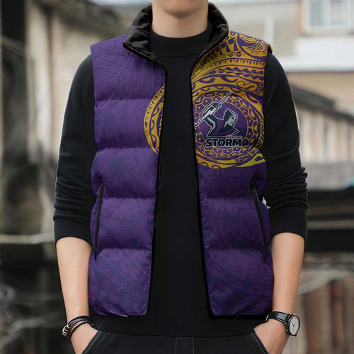 Personalized Melbourne Storm Sleeveless Puffer Jacket Polynesian Tribal Chest and Sleeve Tattoo
