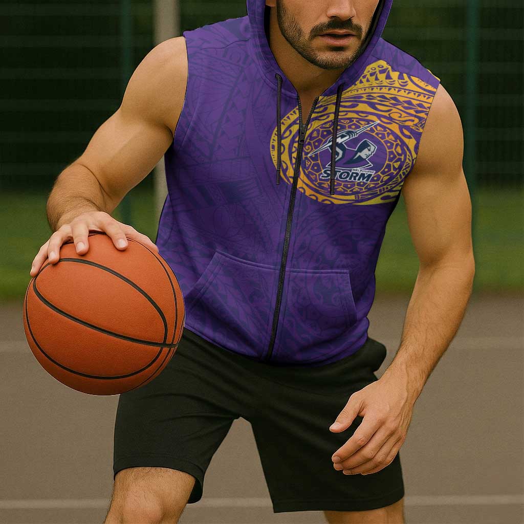 Personalized Melbourne Storm Sleeveless Zip Hoodie Polynesian Tribal Chest and Sleeve Tattoo