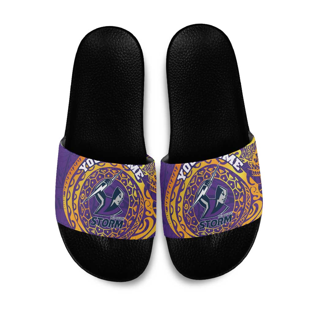 Personalized Melbourne Storm Slide Sandals Polynesian Tribal Chest and Sleeve Tattoo