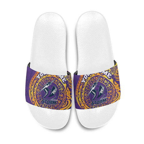 Personalized Melbourne Storm Slide Sandals Polynesian Tribal Chest and Sleeve Tattoo