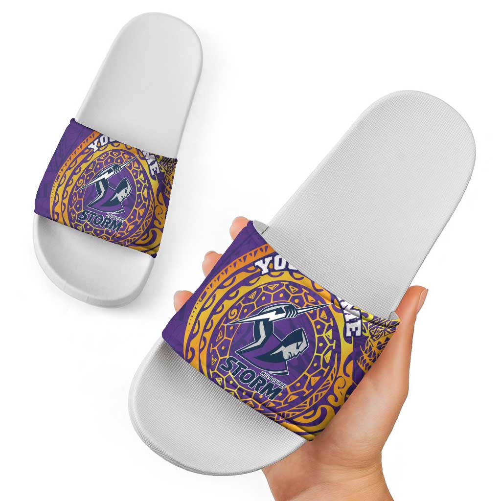 Personalized Melbourne Storm Slide Sandals Polynesian Tribal Chest and Sleeve Tattoo