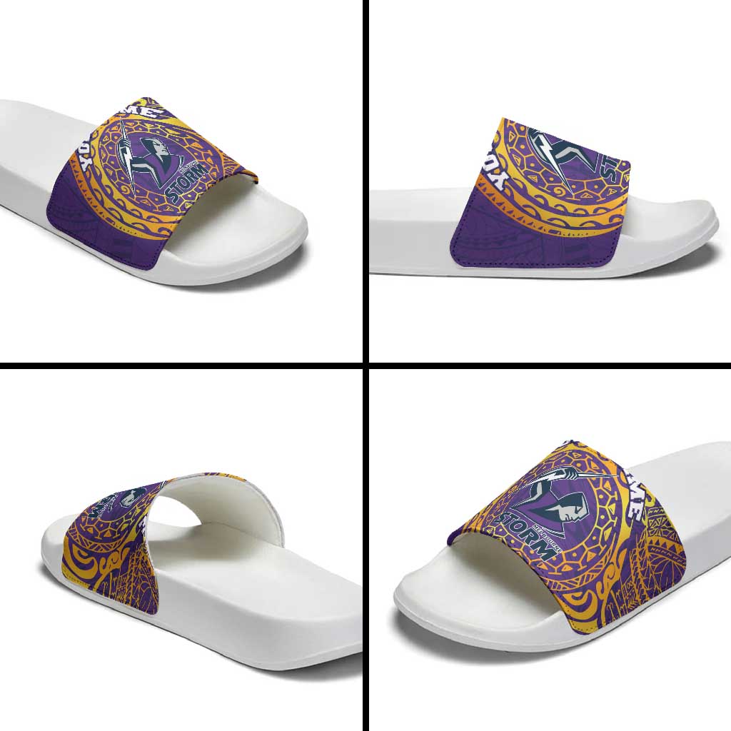 Personalized Melbourne Storm Slide Sandals Polynesian Tribal Chest and Sleeve Tattoo