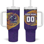 Personalized Melbourne Storm Tumbler With Handle Polynesian Tribal Chest and Sleeve Tattoo