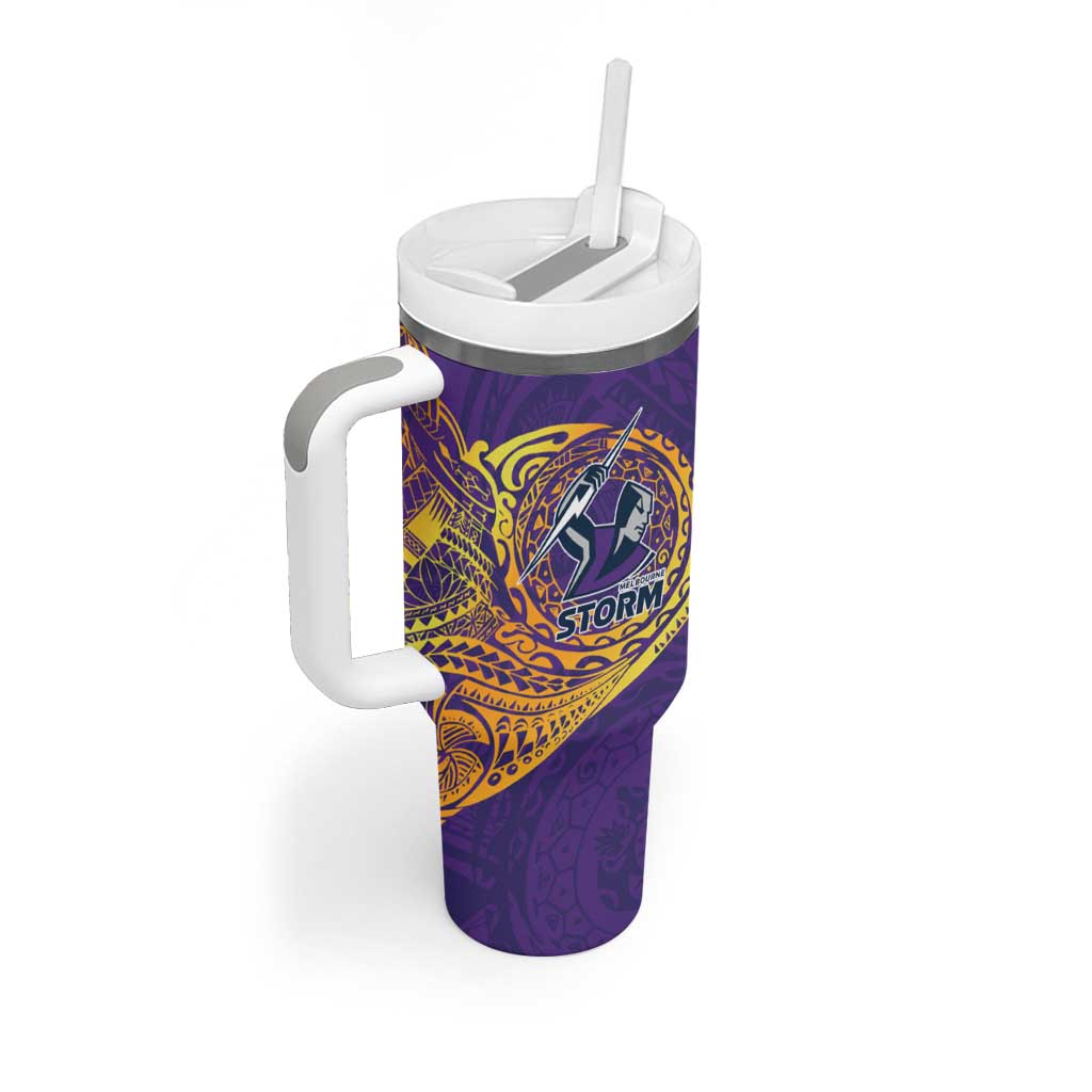 Personalized Melbourne Storm Tumbler With Handle Polynesian Tribal Chest and Sleeve Tattoo