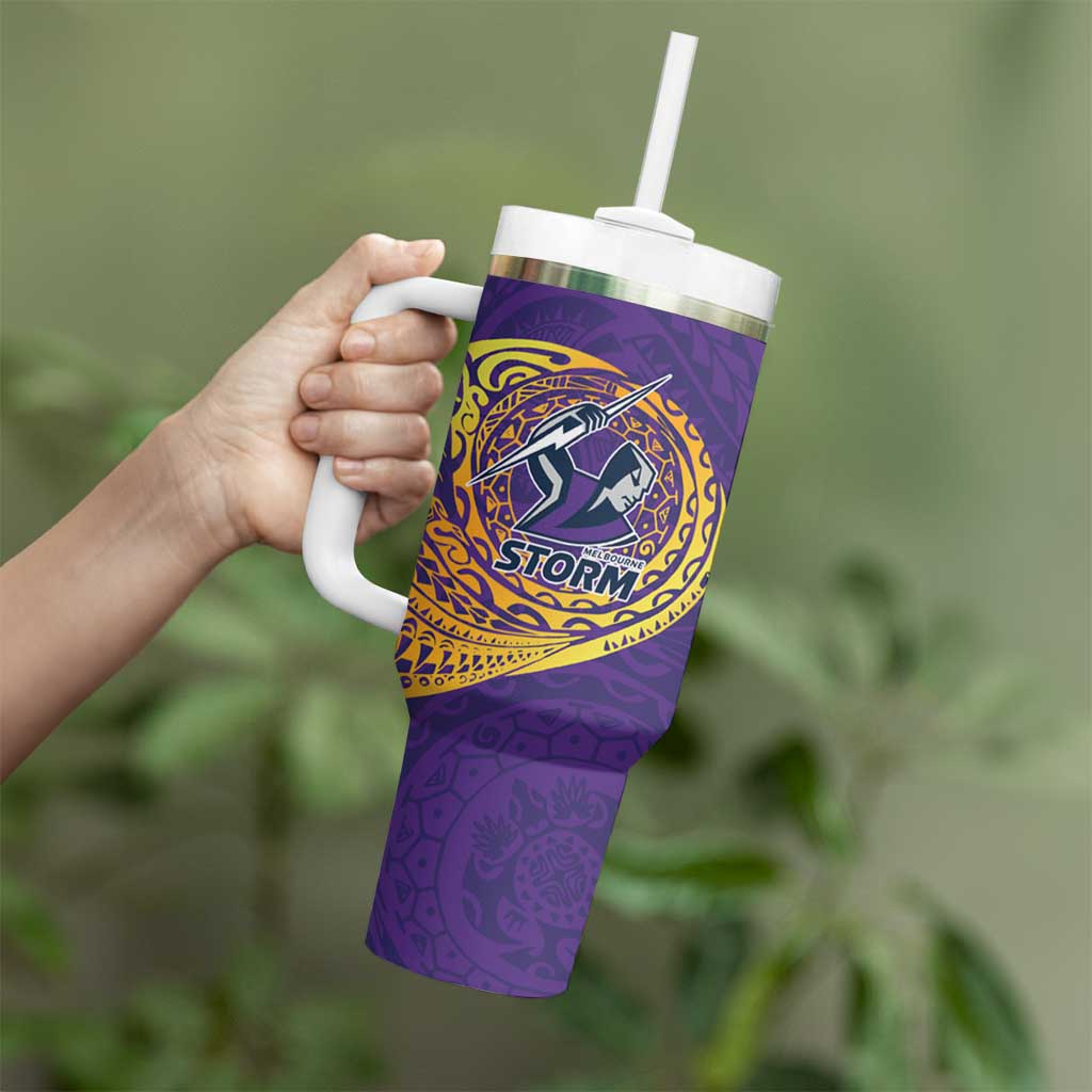 Personalized Melbourne Storm Tumbler With Handle Polynesian Tribal Chest and Sleeve Tattoo