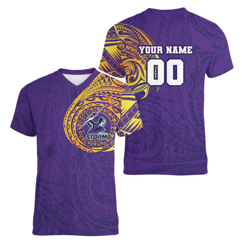 Personalized Melbourne Storm Women V-Neck T-Shirt Polynesian Tribal Chest and Sleeve Tattoo