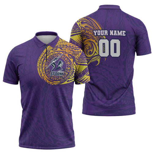 Personalized Melbourne Storm Zipper Polo Shirt Polynesian Tribal Chest and Sleeve Tattoo