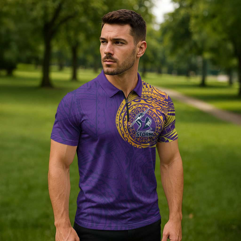 Personalized Melbourne Storm Zipper Polo Shirt Polynesian Tribal Chest and Sleeve Tattoo