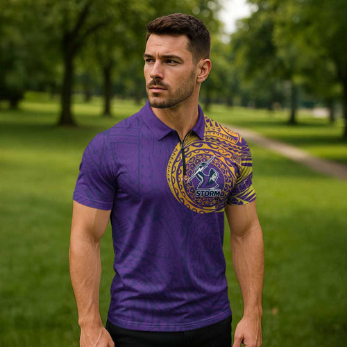 Personalized Melbourne Storm Zipper Polo Shirt Polynesian Tribal Chest and Sleeve Tattoo