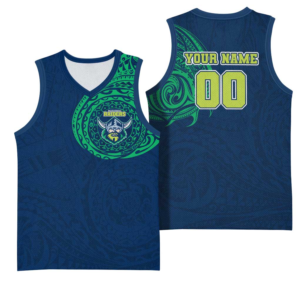 Personalized Canberra Raiders Basketball Jersey Polynesian Tribal Chest and Sleeve Tattoo