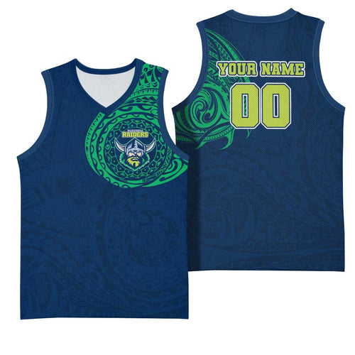 Personalized Canberra Raiders Basketball Jersey Polynesian Tribal Chest and Sleeve Tattoo