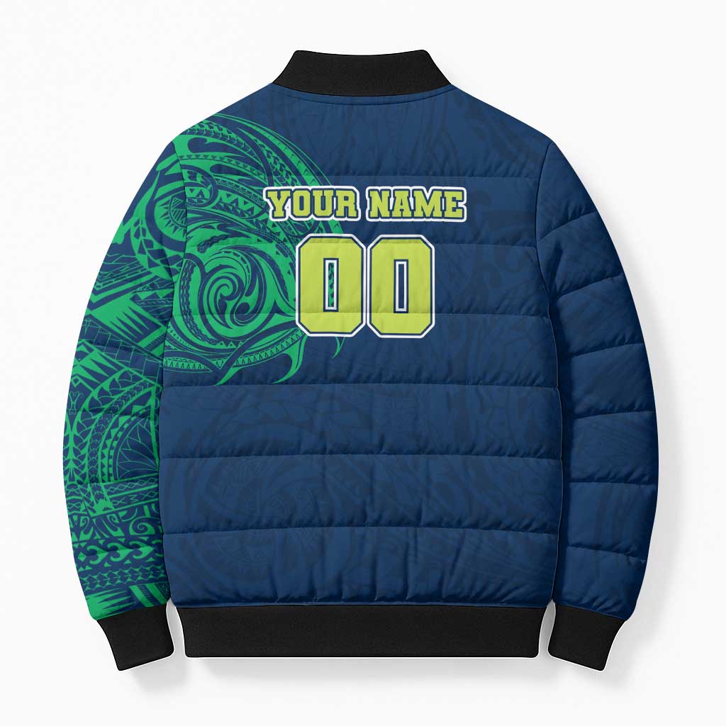 Personalized Canberra Raiders Bomber Puffer Jacket Polynesian Tribal Chest and Sleeve Tattoo