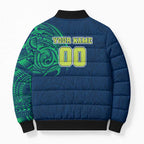Personalized Canberra Raiders Bomber Puffer Jacket Polynesian Tribal Chest and Sleeve Tattoo