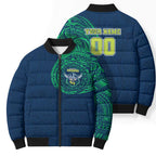 Personalized Canberra Raiders Bomber Puffer Jacket Polynesian Tribal Chest and Sleeve Tattoo