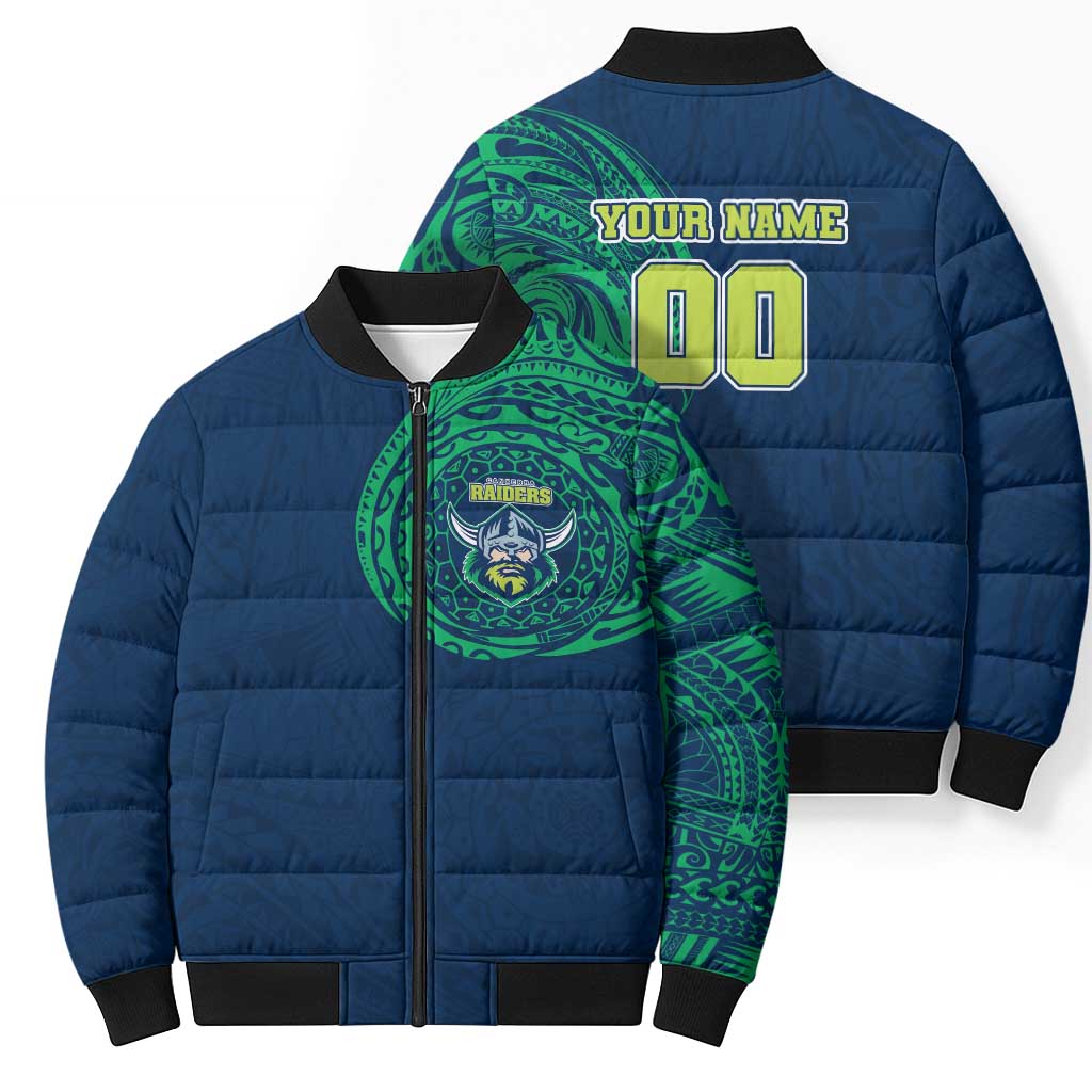 Personalized Canberra Raiders Bomber Puffer Jacket Polynesian Tribal Chest and Sleeve Tattoo