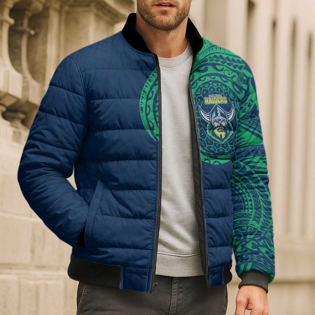 Personalized Canberra Raiders Bomber Puffer Jacket Polynesian Tribal Chest and Sleeve Tattoo