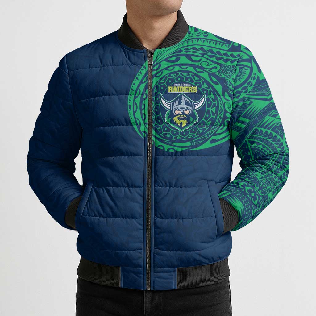Personalized Canberra Raiders Bomber Puffer Jacket Polynesian Tribal Chest and Sleeve Tattoo