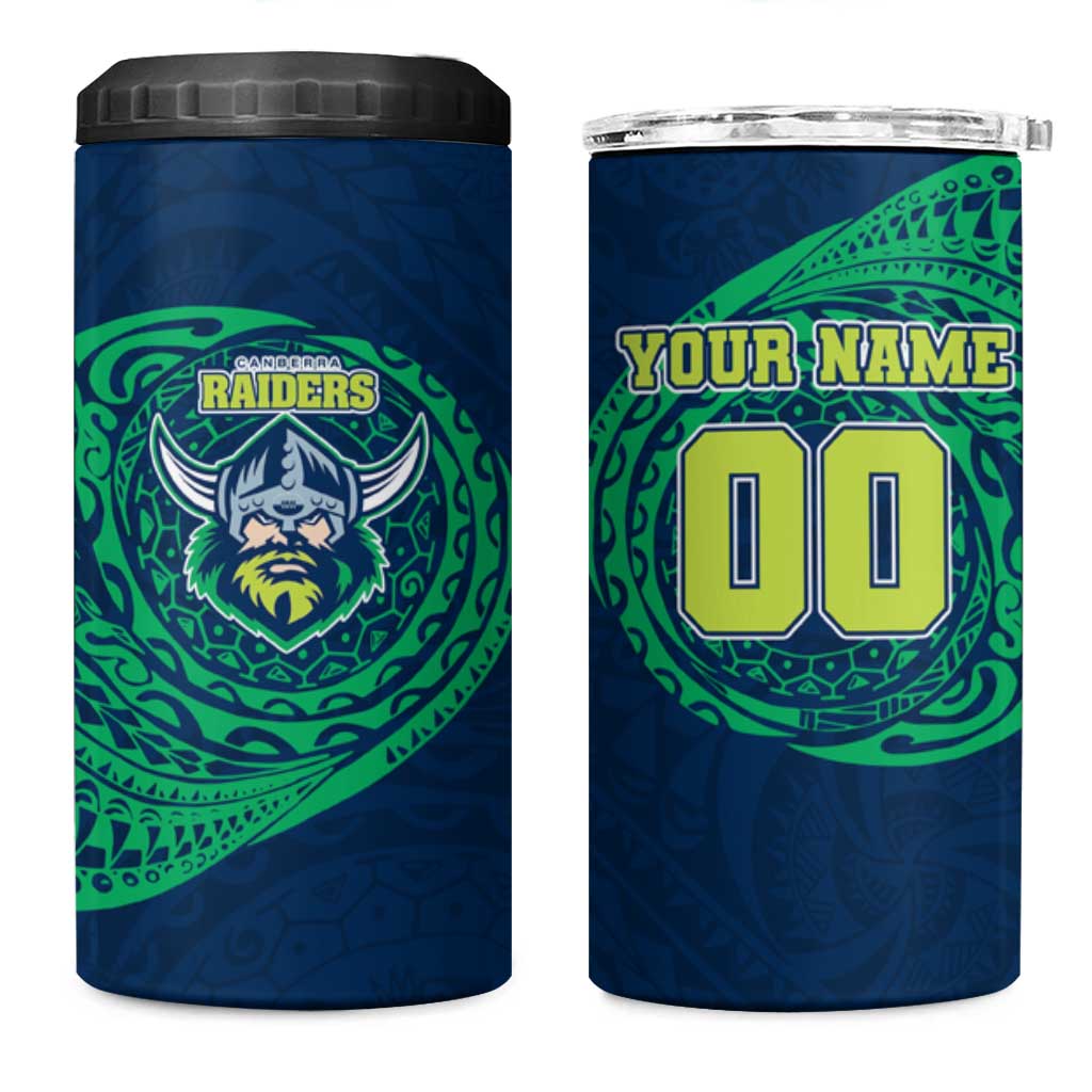 Personalized Canberra Raiders 4 in 1 Can Cooler Tumbler Polynesian Tribal Chest and Sleeve Tattoo