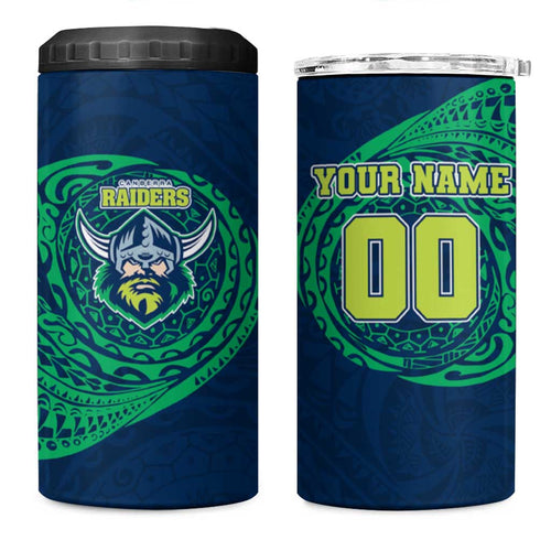 Personalized Canberra Raiders 4 in 1 Can Cooler Tumbler Polynesian Tribal Chest and Sleeve Tattoo