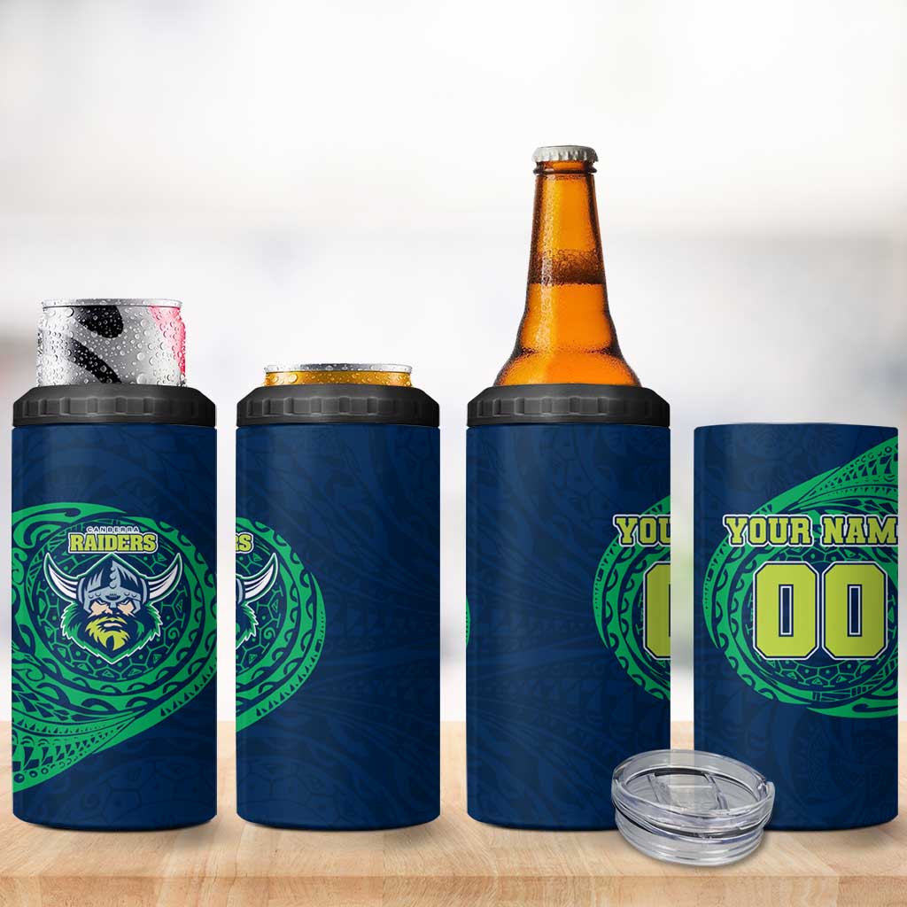 Personalized Canberra Raiders 4 in 1 Can Cooler Tumbler Polynesian Tribal Chest and Sleeve Tattoo