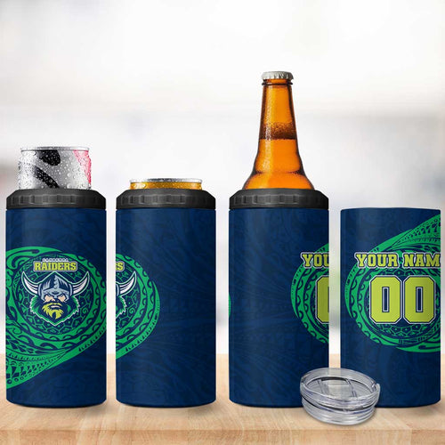 Personalized Canberra Raiders 4 in 1 Can Cooler Tumbler Polynesian Tribal Chest and Sleeve Tattoo
