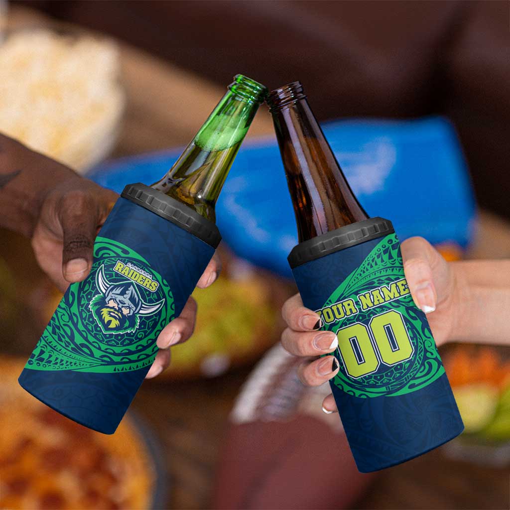 Personalized Canberra Raiders 4 in 1 Can Cooler Tumbler Polynesian Tribal Chest and Sleeve Tattoo