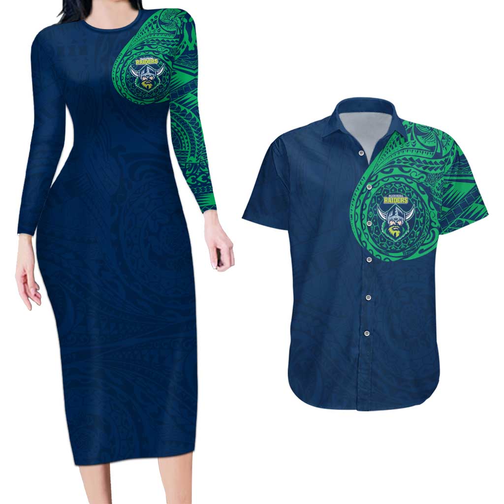 Personalized Canberra Raiders Couples Matching Long Sleeve Bodycon Dress and Hawaiian Shirt Polynesian Tribal Chest and Sleeve Tattoo