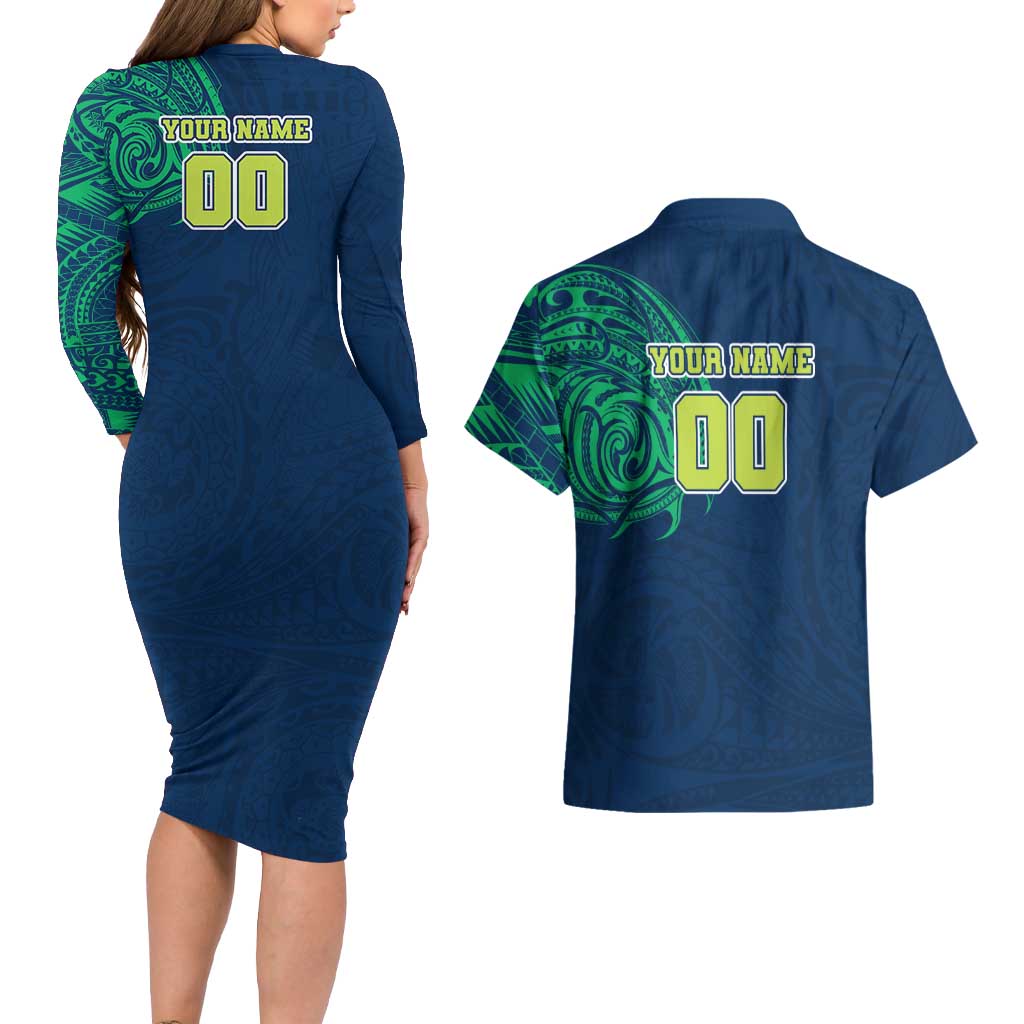 Personalized Canberra Raiders Couples Matching Long Sleeve Bodycon Dress and Hawaiian Shirt Polynesian Tribal Chest and Sleeve Tattoo