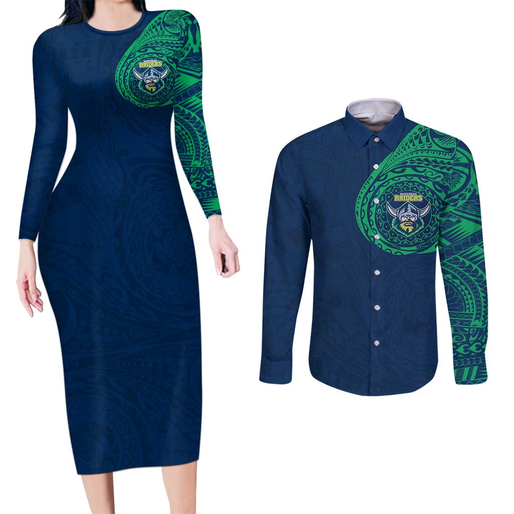 Personalized Canberra Raiders Couples Matching Long Sleeve Bodycon Dress and Long Sleeve Button Shirt Polynesian Tribal Chest and Sleeve Tattoo