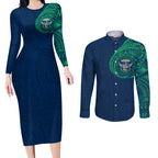 Personalized Canberra Raiders Couples Matching Long Sleeve Bodycon Dress and Long Sleeve Button Shirt Polynesian Tribal Chest and Sleeve Tattoo