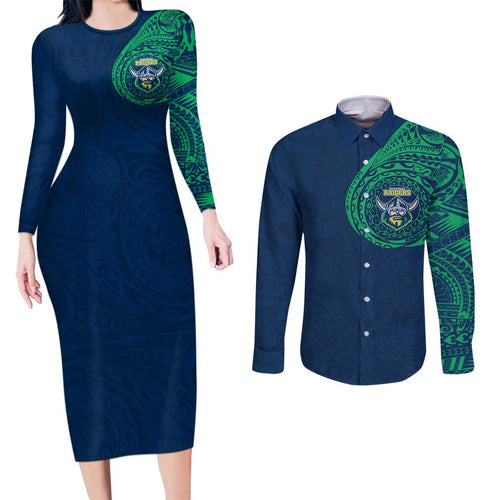 Personalized Canberra Raiders Couples Matching Long Sleeve Bodycon Dress and Long Sleeve Button Shirt Polynesian Tribal Chest and Sleeve Tattoo