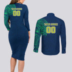 Personalized Canberra Raiders Couples Matching Long Sleeve Bodycon Dress and Long Sleeve Button Shirt Polynesian Tribal Chest and Sleeve Tattoo