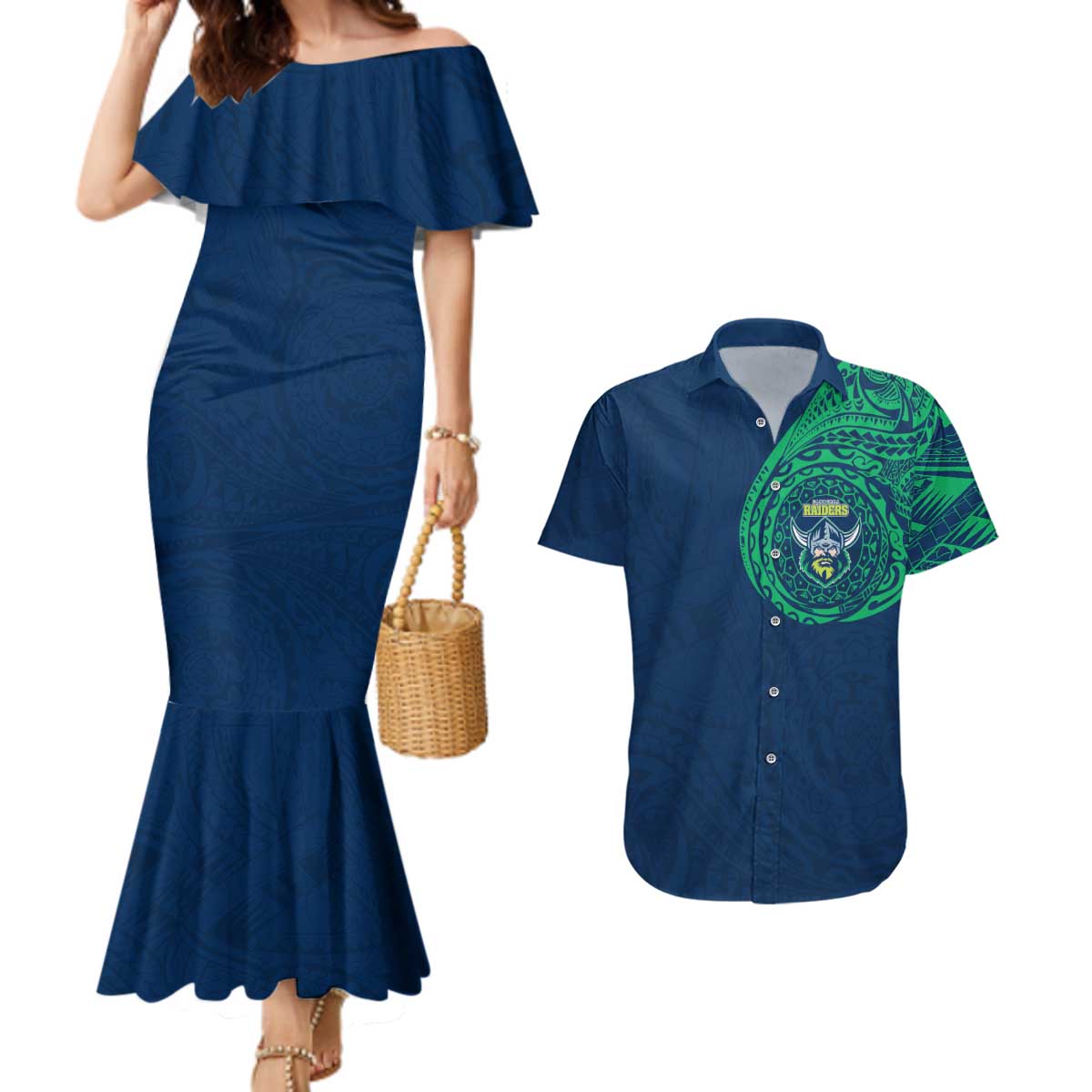Personalized Canberra Raiders Couples Matching Mermaid Dress and Hawaiian Shirt Polynesian Tribal Chest and Sleeve Tattoo