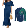Personalized Canberra Raiders Couples Matching Mermaid Dress and Long Sleeve Button Shirt Polynesian Tribal Chest and Sleeve Tattoo