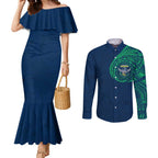 Personalized Canberra Raiders Couples Matching Mermaid Dress and Long Sleeve Button Shirt Polynesian Tribal Chest and Sleeve Tattoo