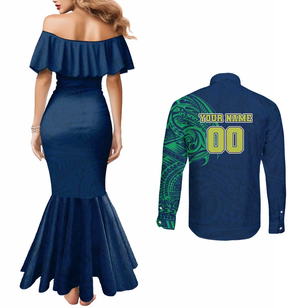 Personalized Canberra Raiders Couples Matching Mermaid Dress and Long Sleeve Button Shirt Polynesian Tribal Chest and Sleeve Tattoo