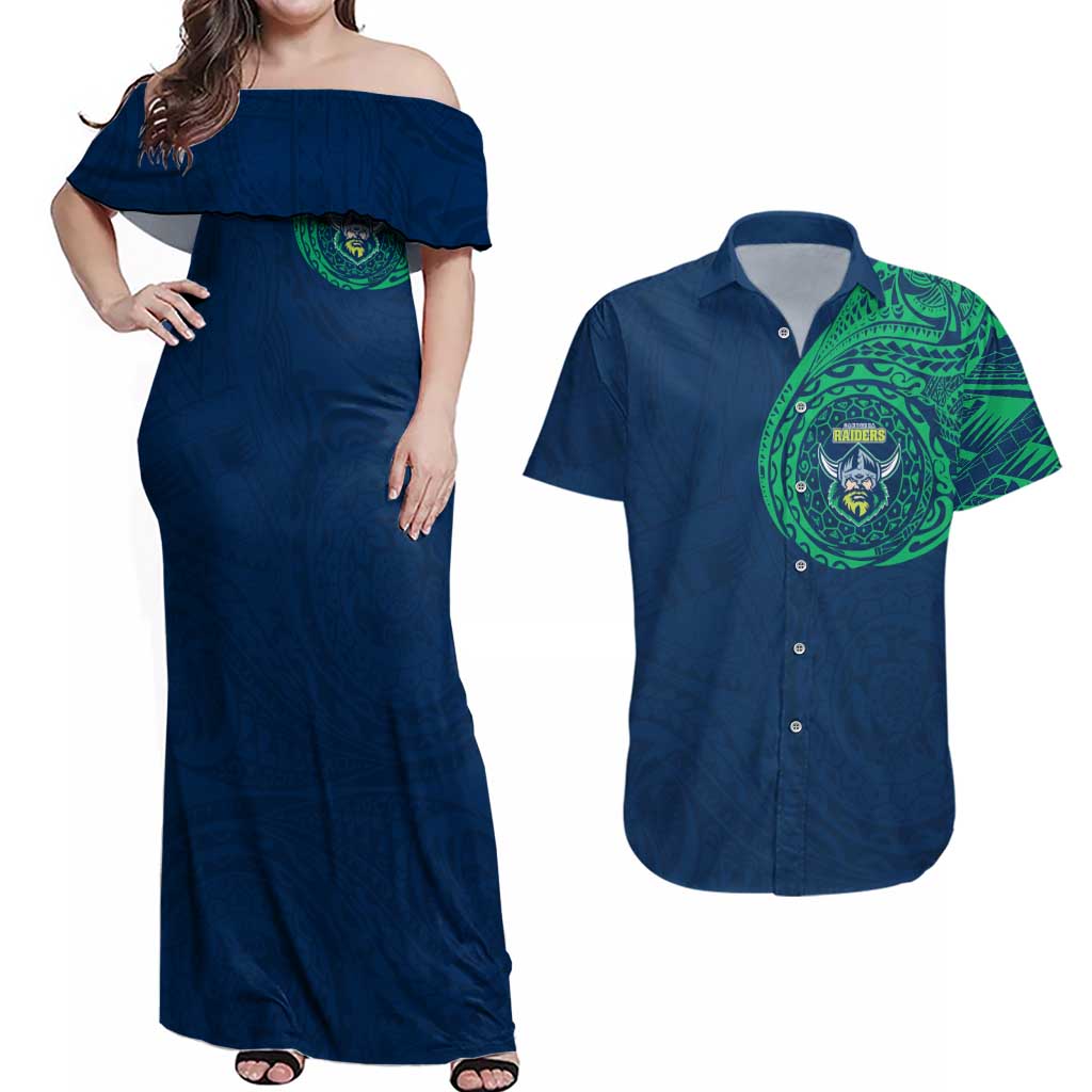 Personalized Canberra Raiders Couples Matching Off Shoulder Maxi Dress and Hawaiian Shirt Polynesian Tribal Chest and Sleeve Tattoo
