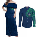 Personalized Canberra Raiders Couples Matching Off Shoulder Maxi Dress and Long Sleeve Button Shirt Polynesian Tribal Chest and Sleeve Tattoo