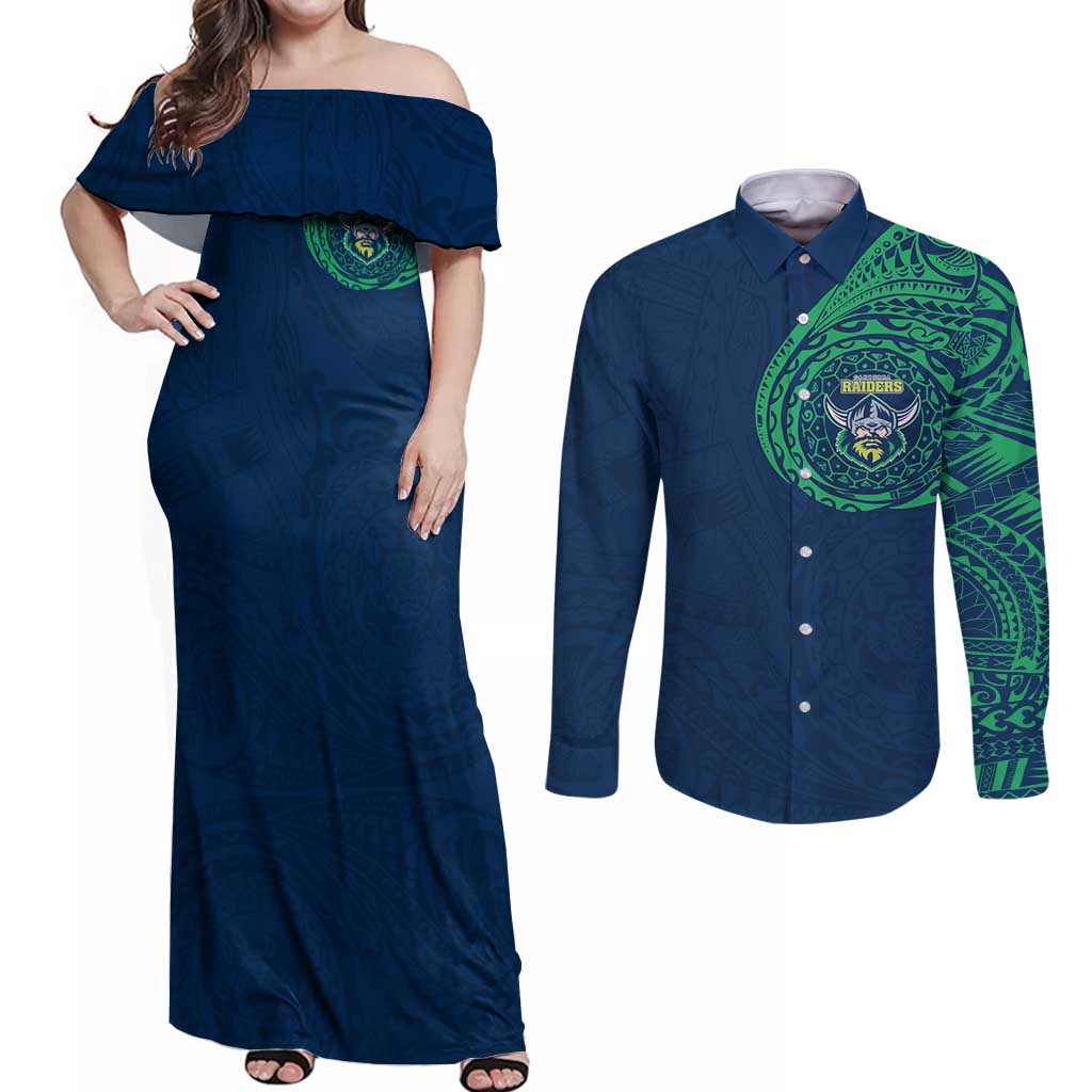 Personalized Canberra Raiders Couples Matching Off Shoulder Maxi Dress and Long Sleeve Button Shirt Polynesian Tribal Chest and Sleeve Tattoo