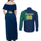 Personalized Canberra Raiders Couples Matching Off Shoulder Maxi Dress and Long Sleeve Button Shirt Polynesian Tribal Chest and Sleeve Tattoo