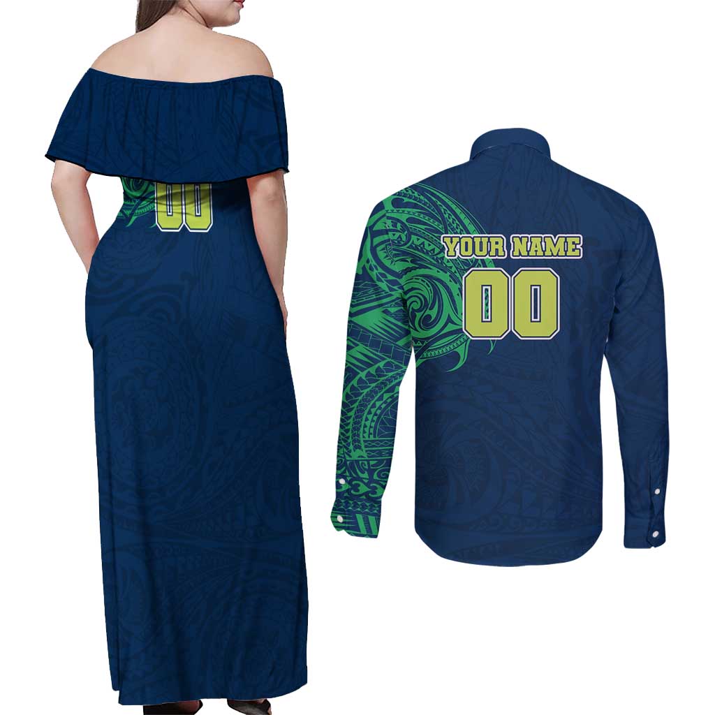 Personalized Canberra Raiders Couples Matching Off Shoulder Maxi Dress and Long Sleeve Button Shirt Polynesian Tribal Chest and Sleeve Tattoo
