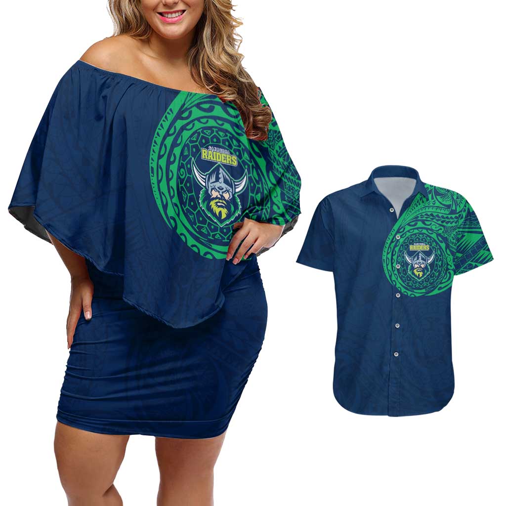 Personalized Canberra Raiders Couples Matching Off Shoulder Short Dress and Hawaiian Shirt Polynesian Tribal Chest and Sleeve Tattoo