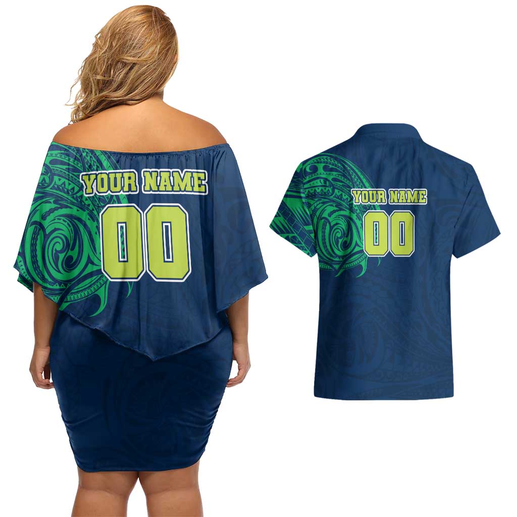 Personalized Canberra Raiders Couples Matching Off Shoulder Short Dress and Hawaiian Shirt Polynesian Tribal Chest and Sleeve Tattoo