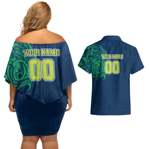 Personalized Canberra Raiders Couples Matching Off Shoulder Short Dress and Hawaiian Shirt Polynesian Tribal Chest and Sleeve Tattoo