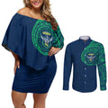 Personalized Canberra Raiders Couples Matching Off Shoulder Short Dress and Long Sleeve Button Shirt Polynesian Tribal Chest and Sleeve Tattoo