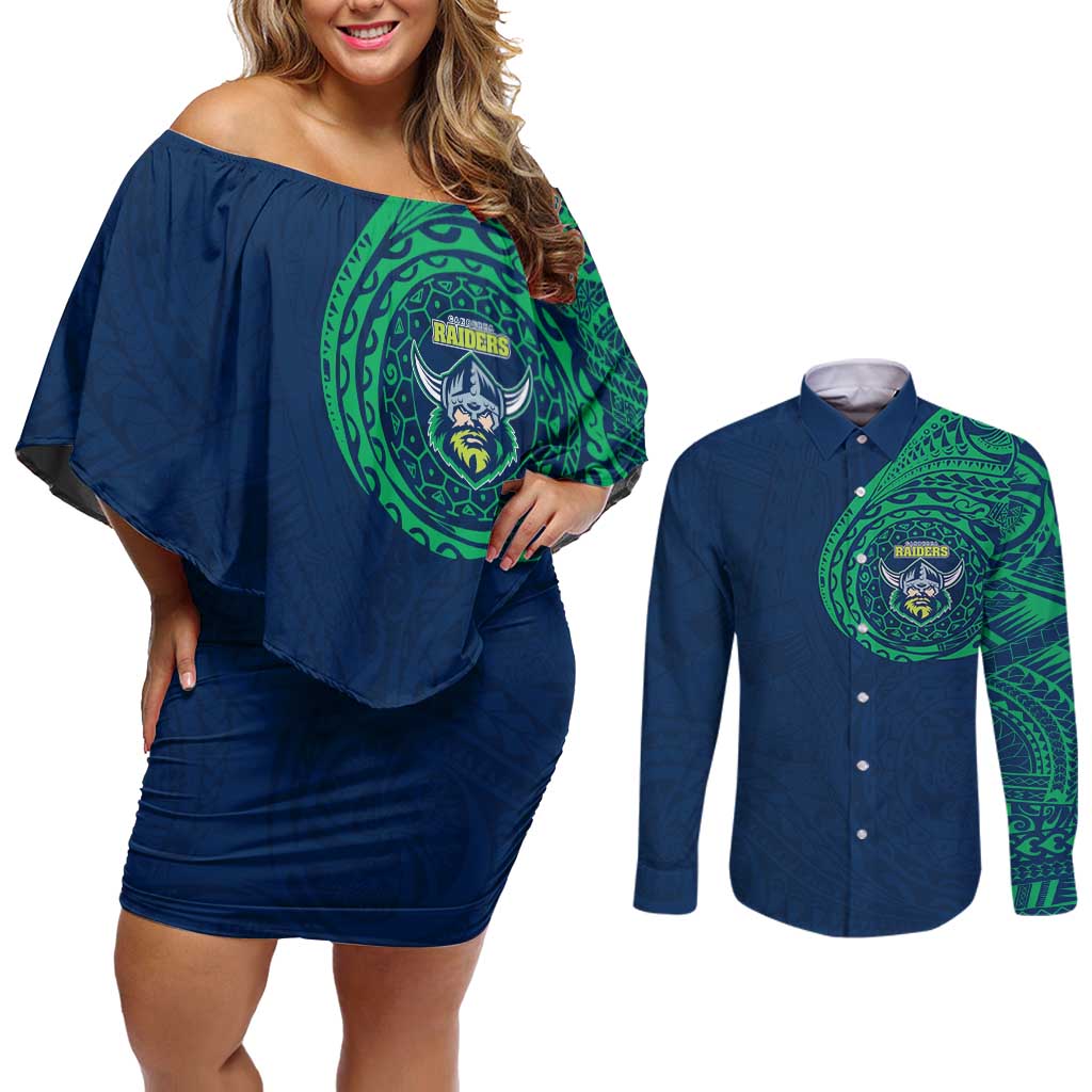 Personalized Canberra Raiders Couples Matching Off Shoulder Short Dress and Long Sleeve Button Shirt Polynesian Tribal Chest and Sleeve Tattoo