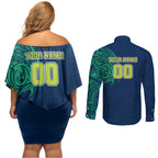 Personalized Canberra Raiders Couples Matching Off Shoulder Short Dress and Long Sleeve Button Shirt Polynesian Tribal Chest and Sleeve Tattoo